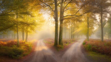 Obraz premium Tranquil autumn forest path illuminated by warm golden sunlight during sunrise or sunset, surrounded by tall trees with vibrant yellow and green leaves, misty background.