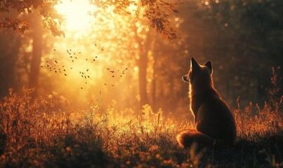 serene sunrise over a quiet forest clearing with a fox watching from the shadows and birds singing softly, Generative AI