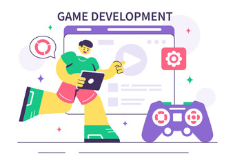 Game Development Vector Illustration Featuring Games, Digital Technology, Programming, and Coding for the Technical Aspects of Creating Video Games
