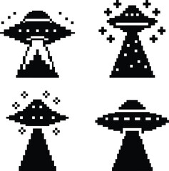 8-bit flying saucers - 4 retro alien ship outlines, EPS JPEG PNG for games & apps