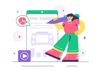 Game Development Vector Illustration Featuring Games, Digital Technology, Programming, and Coding for the Technical Aspects of Creating Video Games