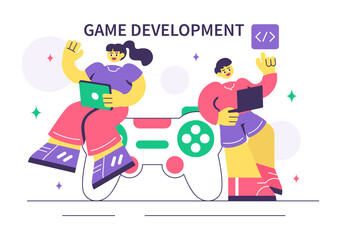 Game Development Vector Illustration Featuring Games, Digital Technology, Programming, and Coding for the Technical Aspects of Creating Video Games