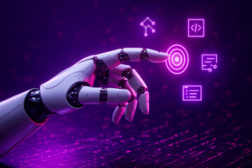 AI generated image of a futuristic robotic hand reaching toward a glowing digital interface with floating icons and cybernetic elements in a high tech sci fi environment