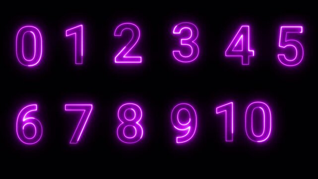 neon glow 0 to 10 text number sign animation on black background, neon colorful 0 to 10 numbers animated with alpha channel.