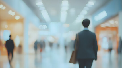 blurred bussines people walking at a trade fair comerce, background with copyspace