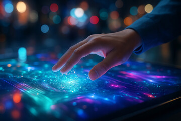 AI generated image of a human hand pressing a glowing holographic interface filled with sparkling data visuals in a vibrant sci fi environment