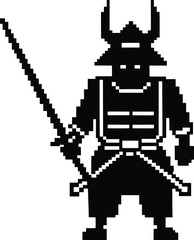 Pixel-style samurai warrior - Katana stance silhouette, EPS JPEG PNG