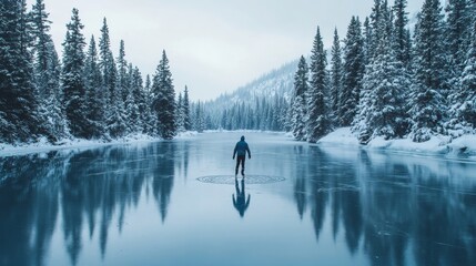 tranquil frozen lake surrounded by snow-dusted pine trees with an ice skater carving patterns into the ice, Generative AI