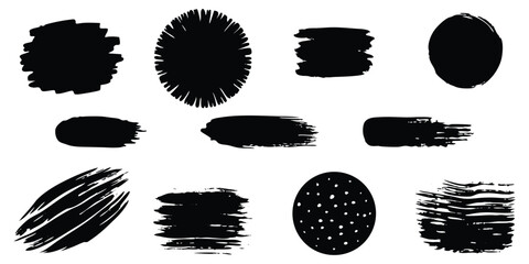 Grunge brush stroke shape collection in black ink style for abstract design elements.