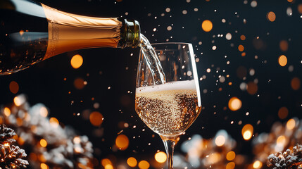 Sparkling champagne pouring into a festive glass
