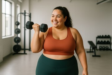 Curvy woman smiling with dumbbell, gym workout, positive energy and body confidence
