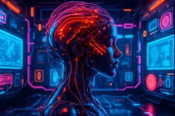 AI generated futuristic android in profile view surrounded by glowing circuits and holographic data panels representing advanced cybernetic intelligence in a high-tech digital control center