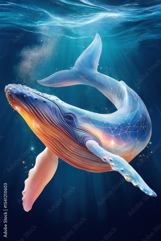 Poster glowing digital whale rendered with artistic details in a deep ocean setting