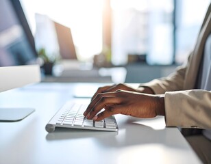 A dynamic low-angle close-up focusing on a young professional's hands rapidly typing on an ergonomic keyboard, emphasizing efficient workflow execution and productive digital work.