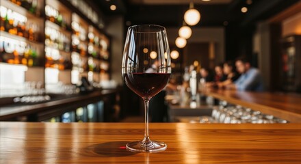 Wine glass on a wooden bar top.