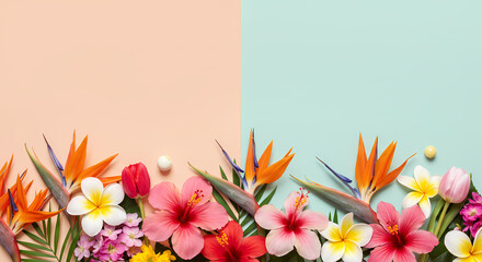 Naklejka premium Floral Border: A vibrant floral border with a variety of colorful blooms and lush green foliage is presented against a dual-toned background, offering a fresh and cheerful aesthetic.