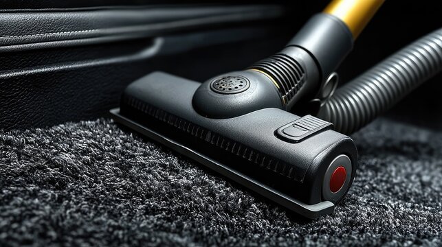 Using a portable vacuum to tidy the black car floor, highlighting the detailed carpet texture.
