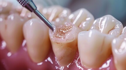 Close up of a rubber dam isolation technique used during root canal therapy ensuring a sterile working area