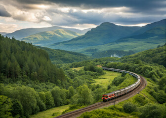 Scenic Railway Journey: A picturesque train snakes its way through a lush, verdant valley, winding around rolling hills under a dramatic, cloudy sky.