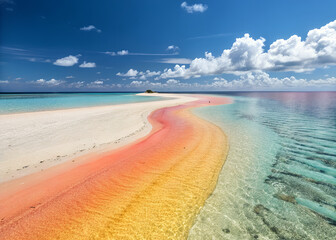 Ethereal Seascape: A breathtaking aerial view of an island sandbar stretching out into the vast ocean, with its vibrant hues, serene sky and crystal-clear water.