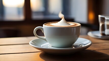 Obraz premium Realistic photo of hot cappuccino in ceramic cup on wooden table with warm cafe lighting