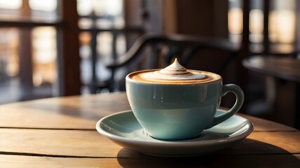 Obraz premium Realistic photo of hot cappuccino in ceramic cup on wooden table with warm cafe lighting