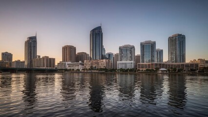 Obraz premium Stunning Sunrise Skyline Reflection over Lake Michigan, Chicago