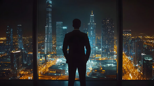 Businessman standing in panthouse office next to huge panoramic window with incredible night
