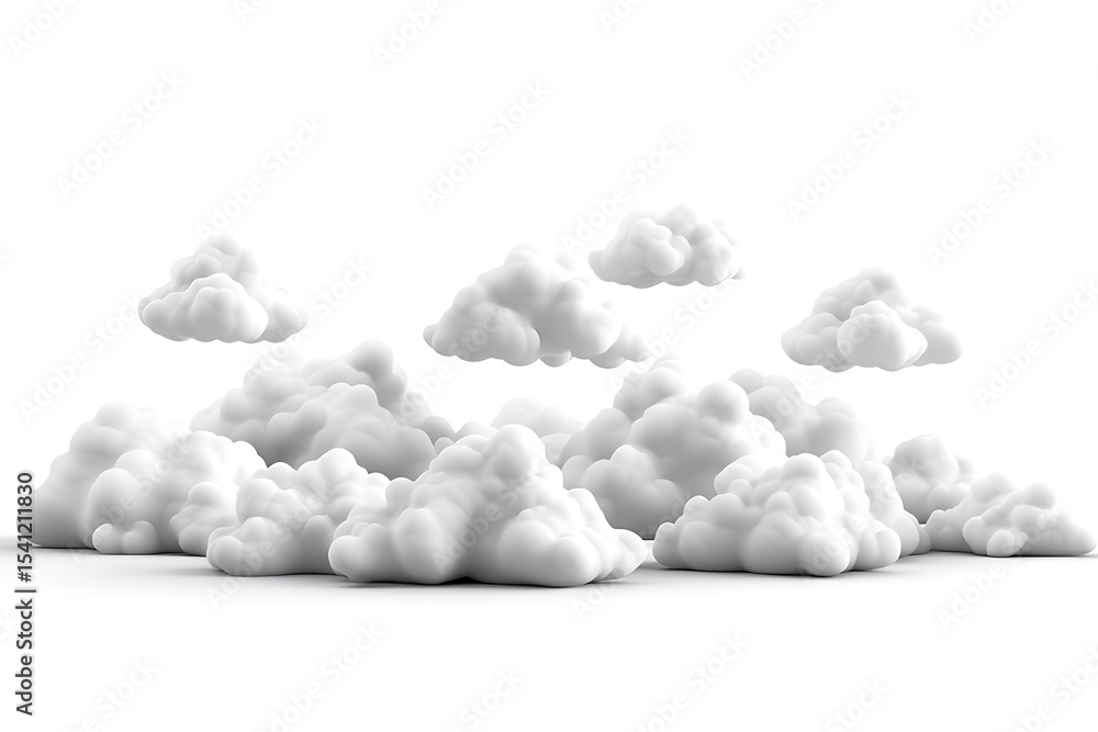 Poster a cluster of fluffy white clouds floating against a bright white background, creating a serene atmos