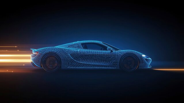 Futuristic Wireframe Sports Car in Motion, High-Speed Digital Rendering