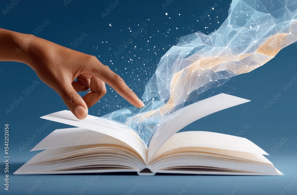 Poster hand interacting with an open book and digital swirling elements