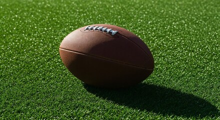 Rugby ball on synthetic grass field with natural sunlight