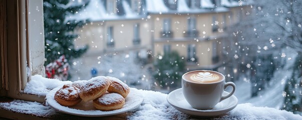 cozy holiday morning with a steaming cup of coffee, freshly baked pastries, and a view of snow-covered rooftops, Generative AI