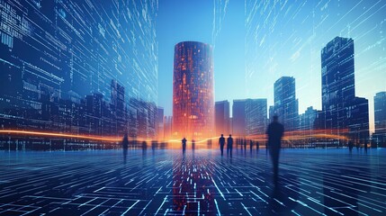  A Futuristic Cityscape Featuring Digital Elements and Binary Code, Representing the AI Era of Business in China, Showcasing Technologys Profound Impact on Society and Infinite Possibilities for the F