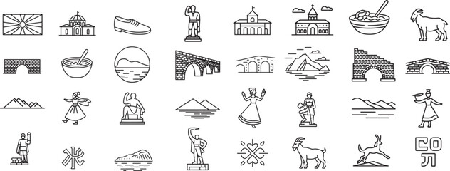 Detailed North Macedonian Culture and Heritage Outline Line Icons Set