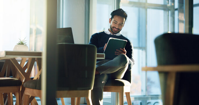 Tablet, reading and smile with business man in office for planning, client approval and stock growth. Investment banker, broker budget and wealth success with person for digital report on portfolio