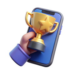 3d cartoon hand holding golden trophy on smartphone isolated on transparent background