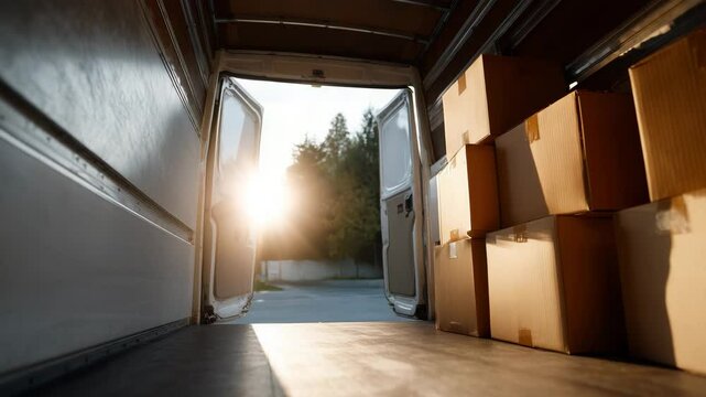 Rear view of open delivery van showcasing stacked cardboard boxes with sunlight streaming in, capturing the essence of logistics and transportation
