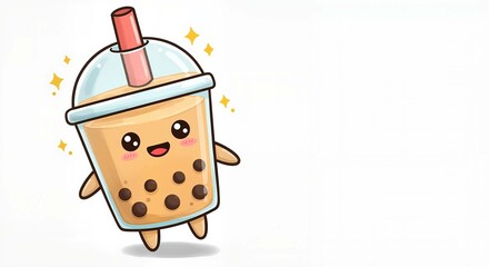 Cute cartoon bubble tea cup character with smiling face  