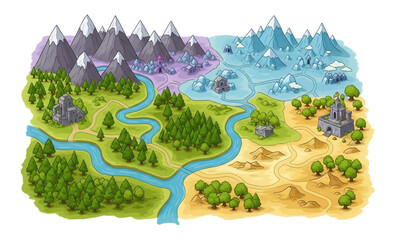Fantasy map illustration of mountains, forests, rivers, and castles