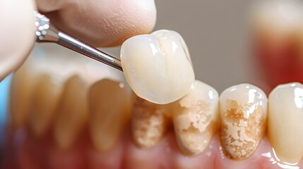 Close up of a sparkling dental veneer being placed over a natural tooth soft focus white background