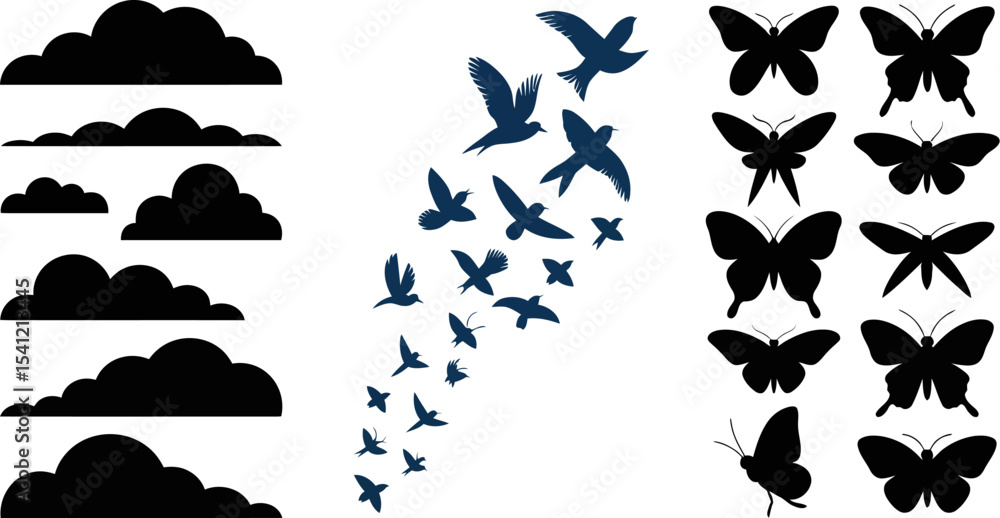 Poster vector graphics of clouds birds and butterflies silhouettes for design elements and creative project