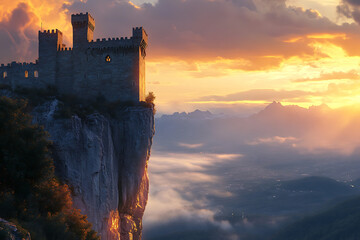Fototapeta premium Majestic castle perched on a cliff at sunset, overlooking a misty valley and mountains
