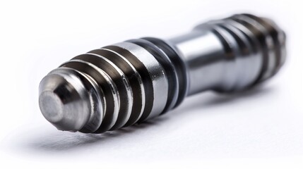 Close up of a titanium dental implant screw isolated on a white background