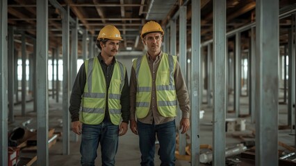 Fototapeta premium Confident Construction Workers Inspecting Steel Frame Building