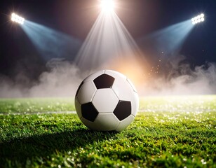 A soccer ball illuminated by dramatic spotlight on a dark