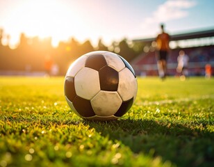 A dynamic close-up shot of a soccer ball rolling on a green grass field during a sunn