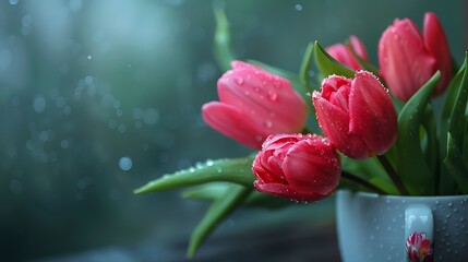 Close-up of pink tulips with water droplets.