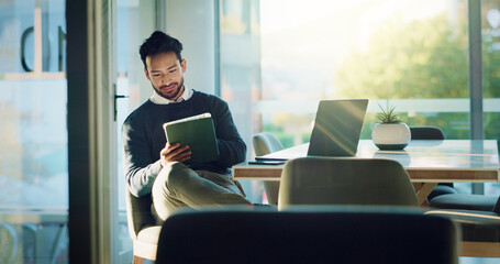 Tablet, reading and research with business man in office for planning, client briefing and...