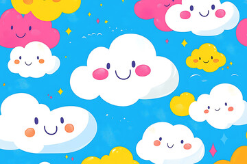 Colorful cartoon clouds with smiling faces against a bright blue background, creating a cheerful atmosphere